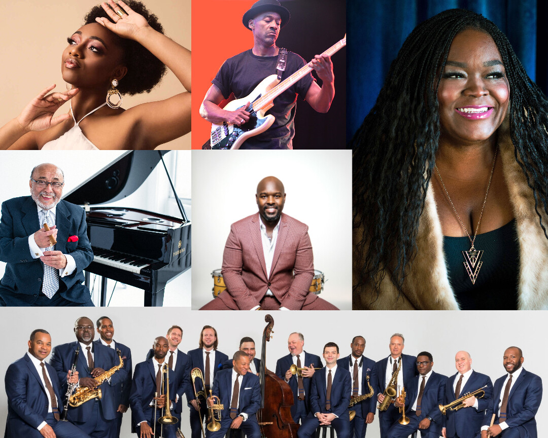 Press photo collage of Wynton Marsalis, Eddie Palmieri, Samara Joy, Marcus Miller, Shemekia Copeland