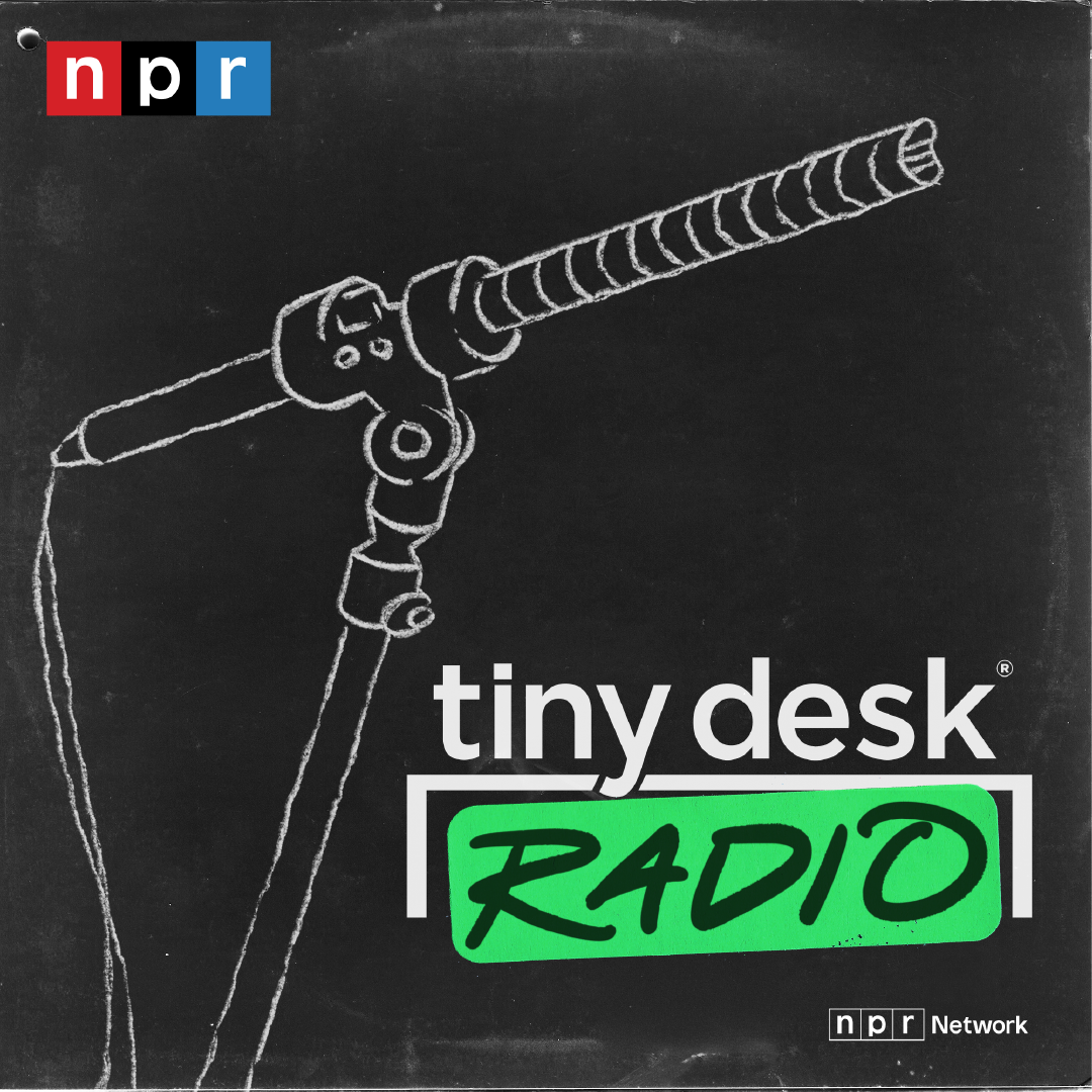 Chalk-style illustration of a microphone stand on a blackboard background with the NPR logo and the words “tiny desk RADIO” in white and bright green lettering.
